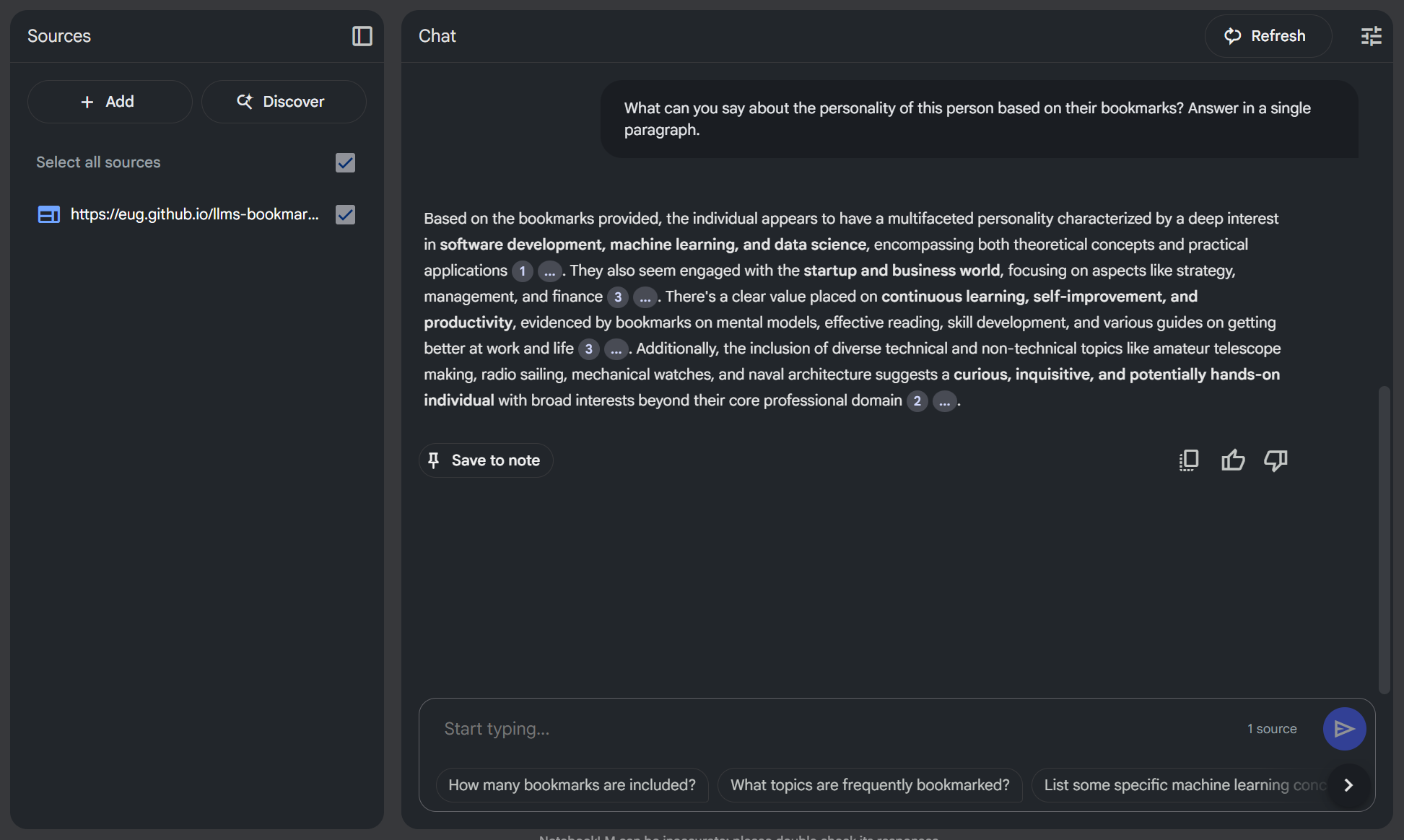 Bookmark personal insights by NotebookLM